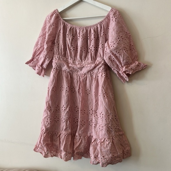 Pretty Garden Eyelet Overlay Short Puff Sleeve Ruffle Hem Babydoll Boho Dresses - Picture 6 of 12